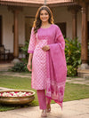 Pink Floral Cotton Kurti Set with Chevron Dupatta