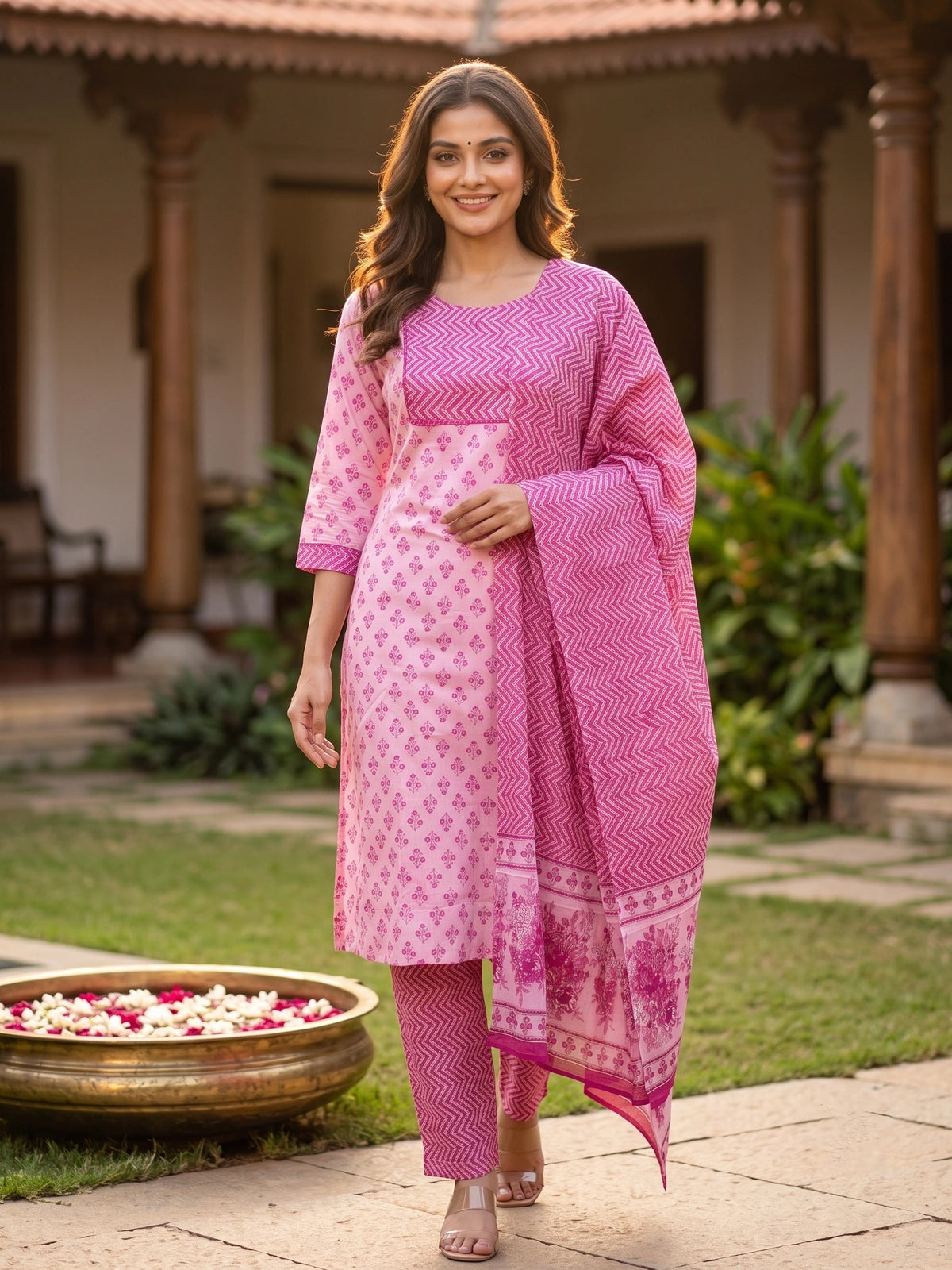 Pink Floral Cotton Kurti Set with Chevron Dupatta