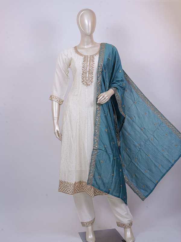 Off-White cream kurti set with gold zari embroidery and contrasting teal blue dupatta