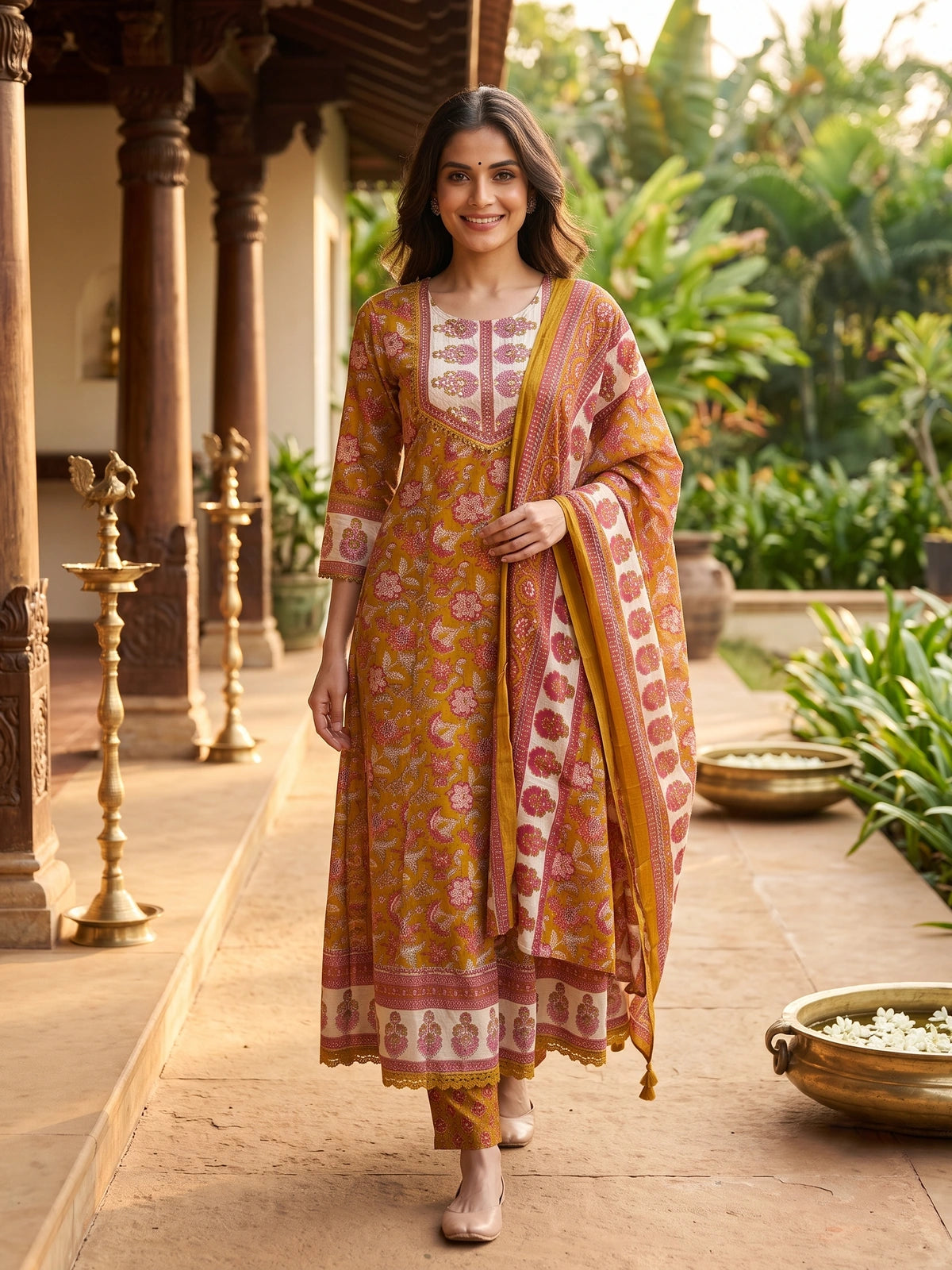 Mustard floral cotton Anarkali kurti set with mirror-work yoke, straight pants and matching printed dupatta