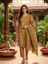Orange with Green Printed Cotton Kurti Set with Dupatta