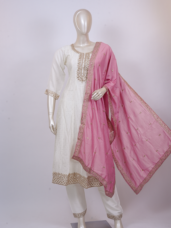 Off-white cream zari embroidered kurti set with pink embroidered dupatta and straight pants