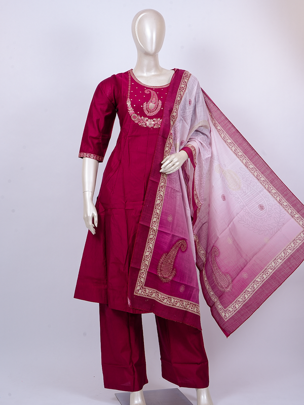 Rani pink zari embroidered ready made kurti set with straight palazzo pants and ombre pink zari border dupatta