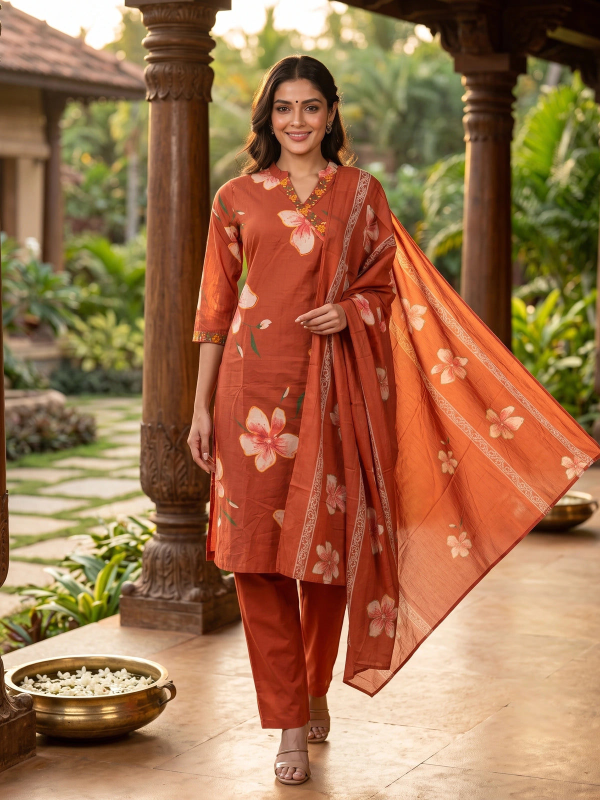 Rust Floral Cotton Kurti Set with Dupatta