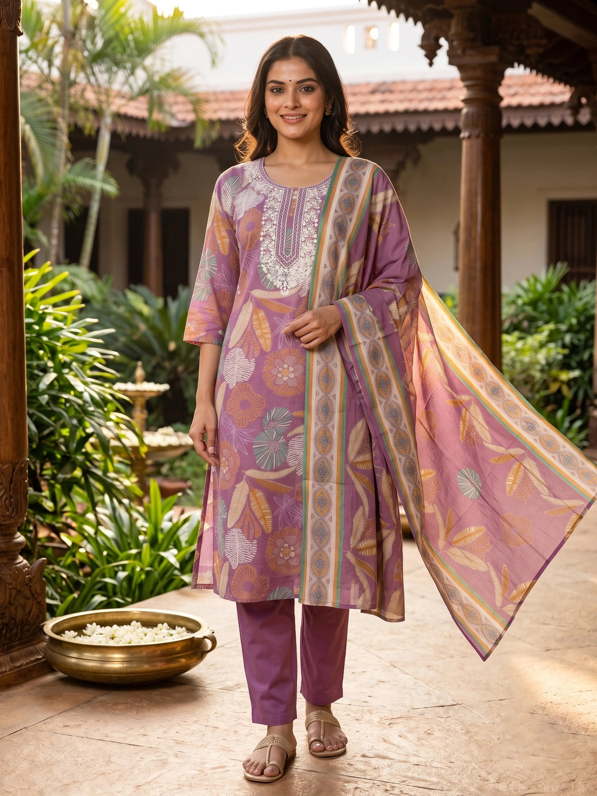 Mauve Floral Printed Cotton Kurti Set with Dupatta