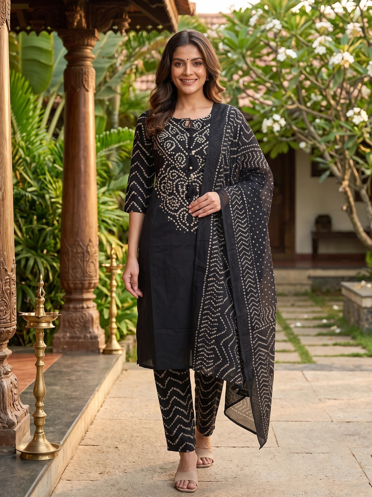 Black and cream Bandhani print cotton kurti set with straight pants and matching dupatta