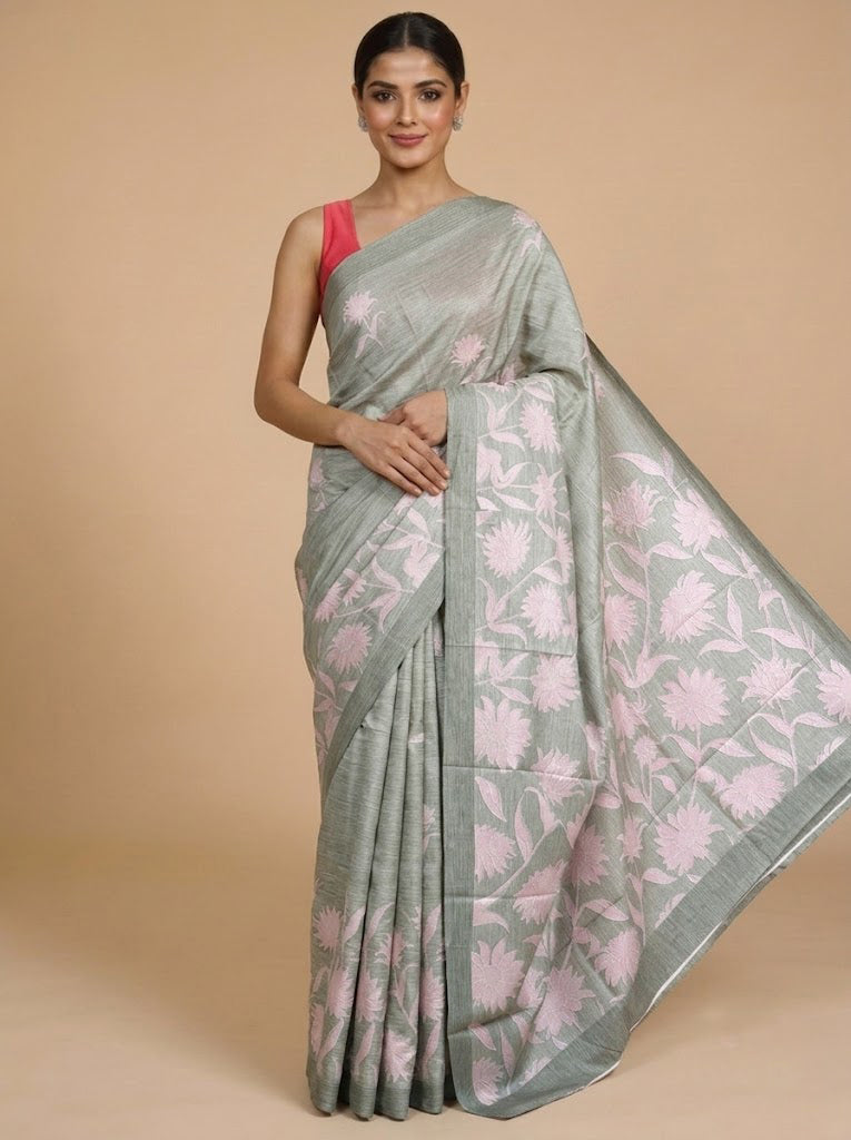 Olive Green with Baby Pink - Semi Tussar Saree