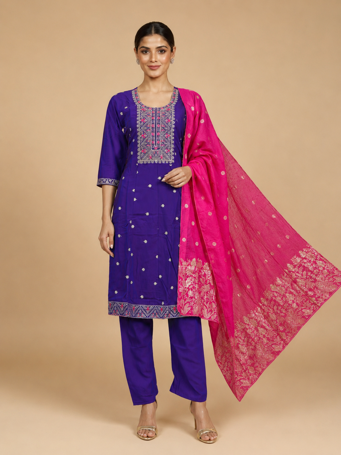 Purple with Pink Dupatta Anarkali Set