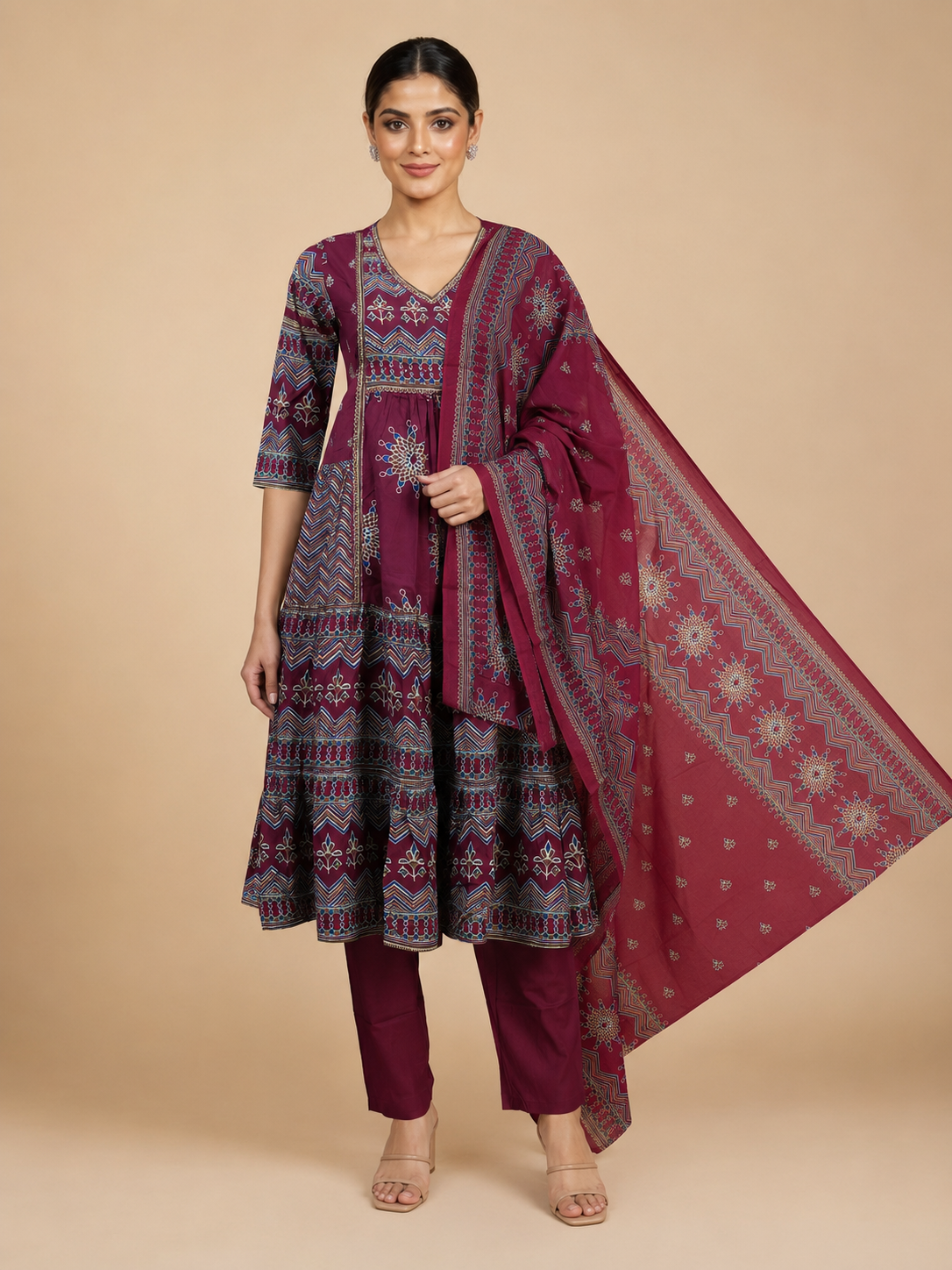Wine Maroon with Dupatta Anarkali Set