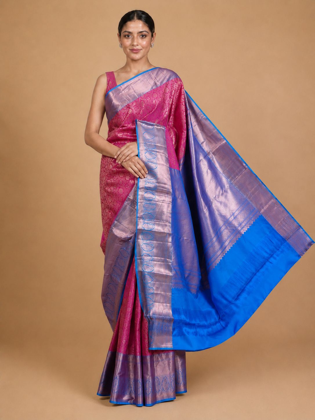 Rani Pink and Sky Blue Kanchipuram Silk Saree