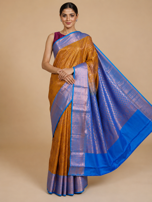 Splendid Honey Mustard and Cerulean Blue Kanjivaram Silk Saree