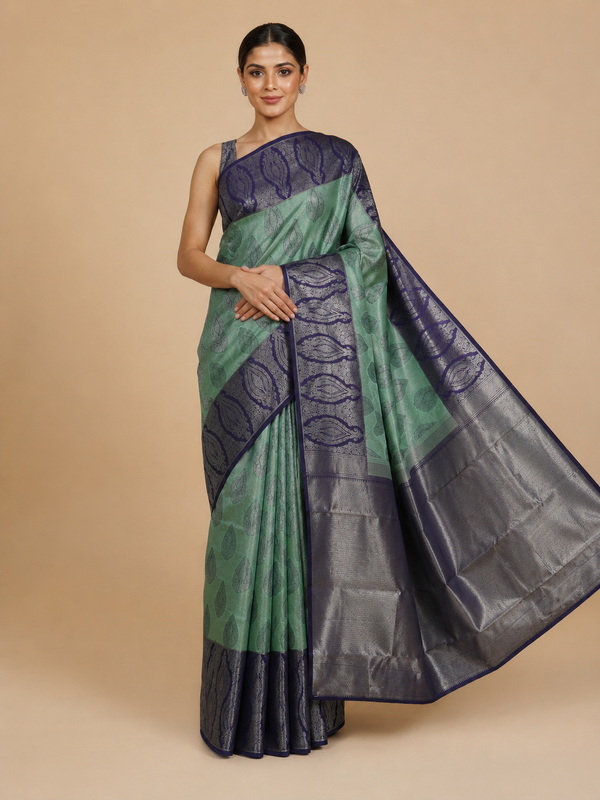 Sage Green and Deep Indigo Kanchipuram Silk Saree