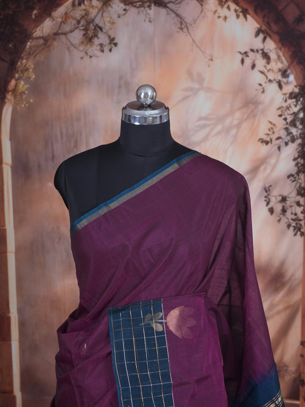 Wine with Teal Blue - Pure Silk Cotton Saree