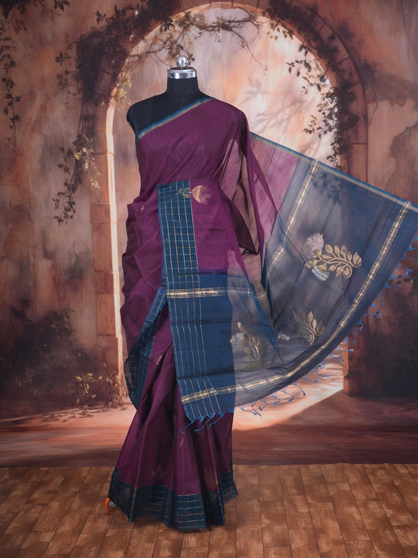 Wine with Teal Blue - Pure Silk Cotton Saree