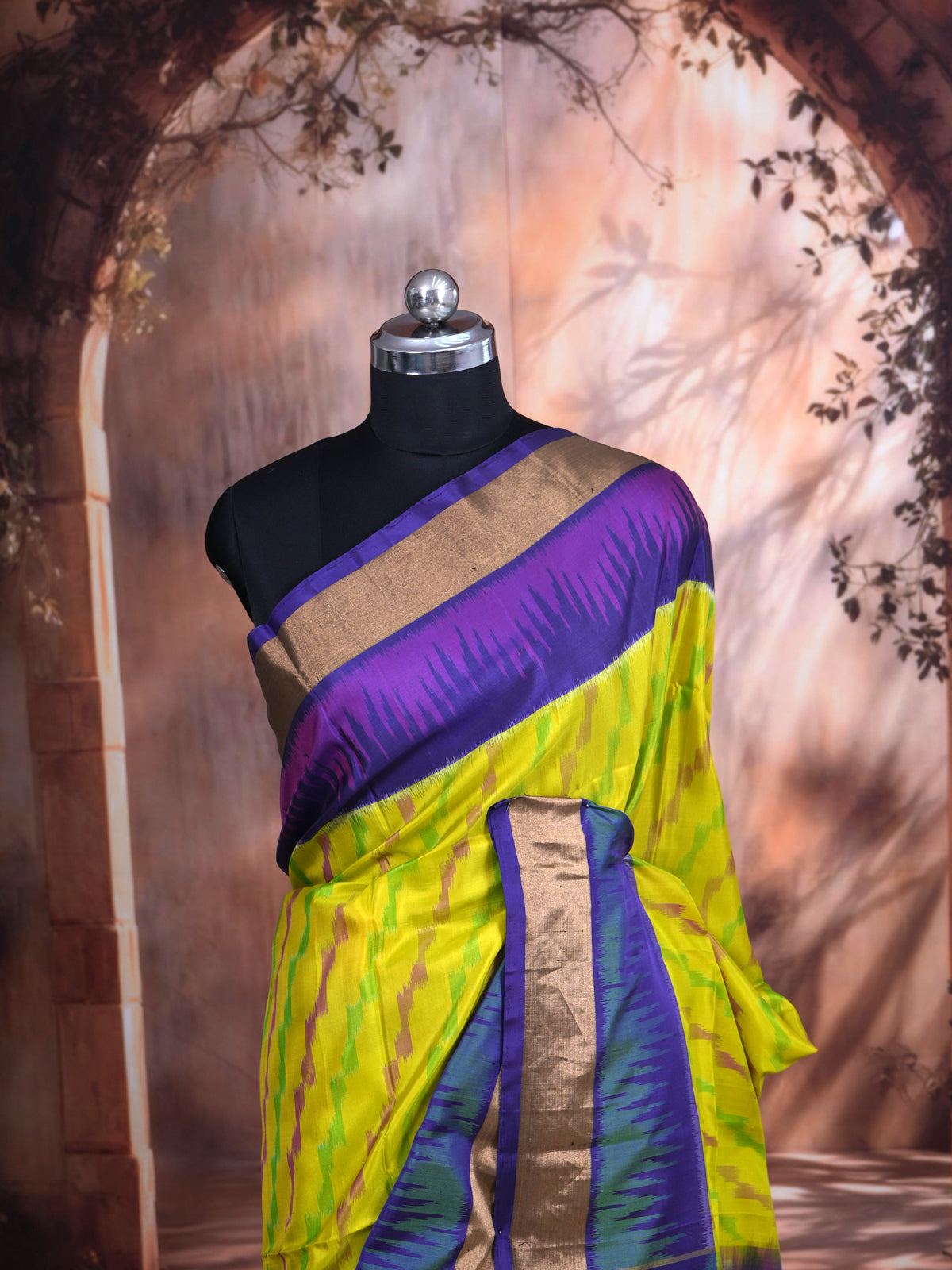 Lime Yellow with Purple - Pure Kanchipuram Silk Saree