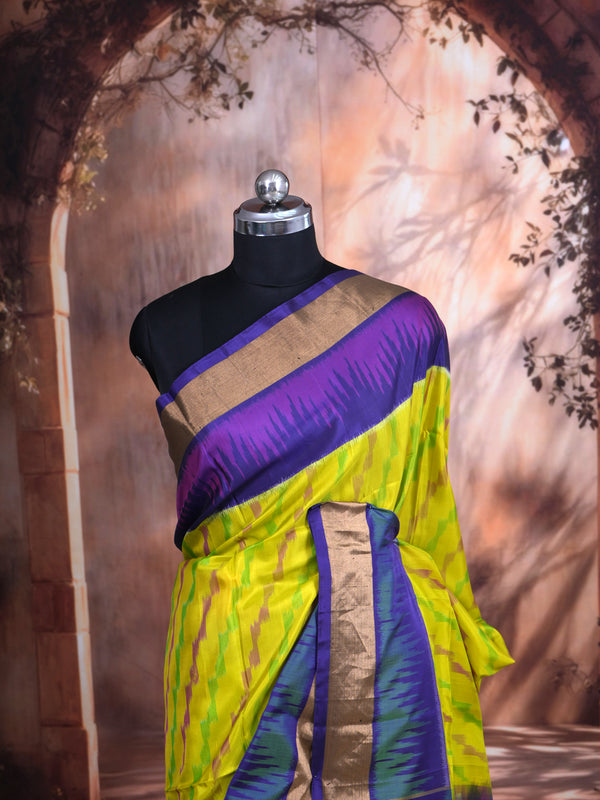 Lime Yellow with Purple - Pure Kanchipuram Silk Saree