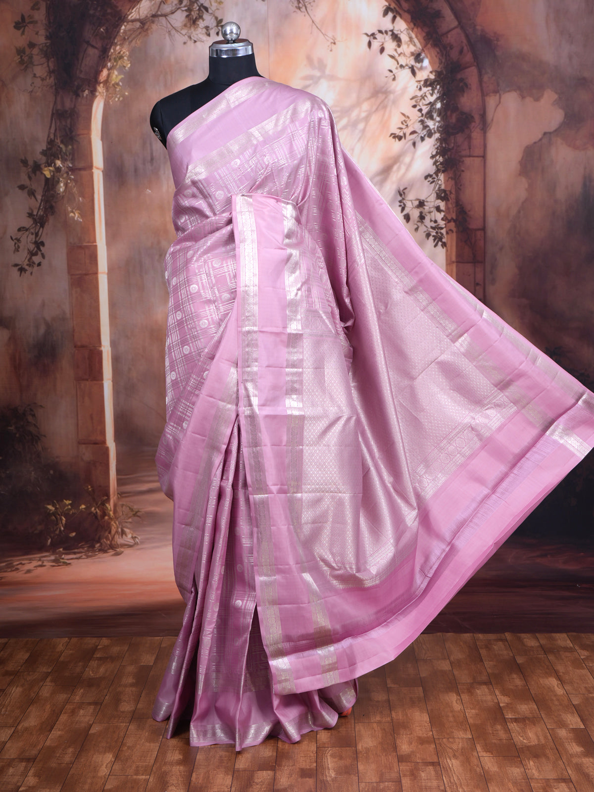Lavender Pink with Matching Silver Zari Pallu - Pure Kanchipuram Silk Saree