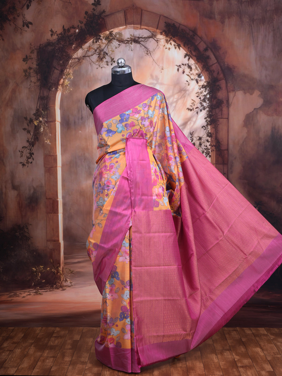 Mustard Yellow with Magenta Pink - Pure Kanchipuram Fancy Silk Saree