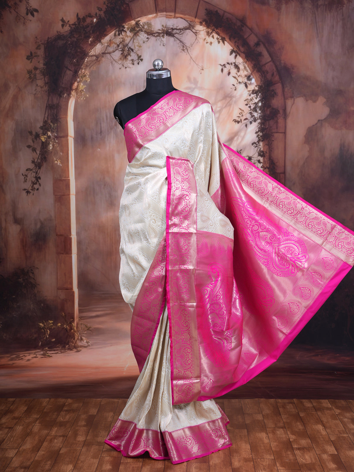 White with Magenta and Gold Kanchipuram Fancy Silk Saree
