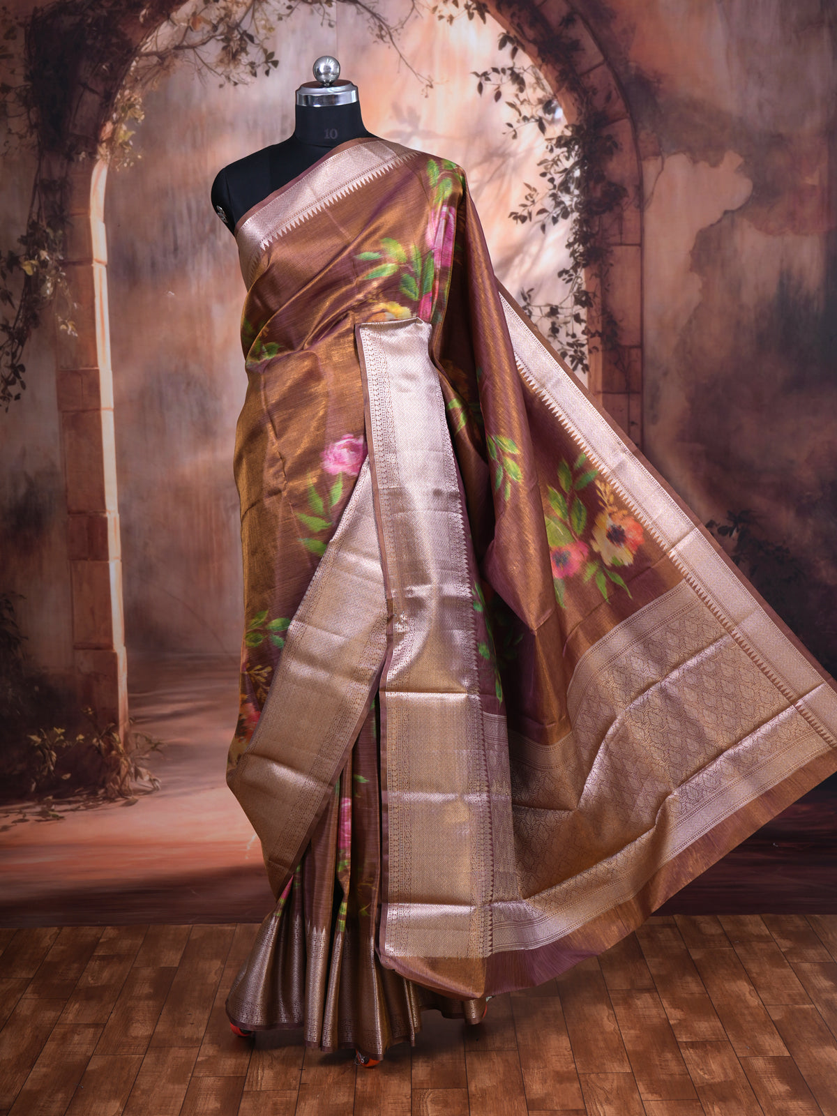 Metallic Brown with Antique Gold Zari -Kanchipuram Pure Mix Saree
