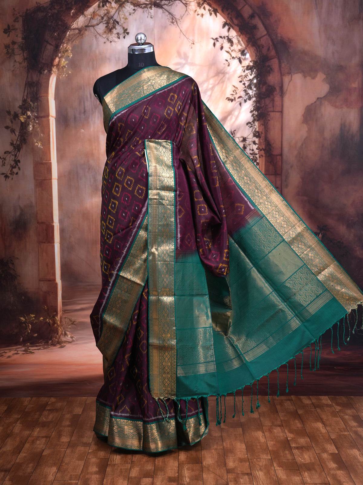 Deep Wine with Teal Green - Pure Kanchipuram Silk Saree