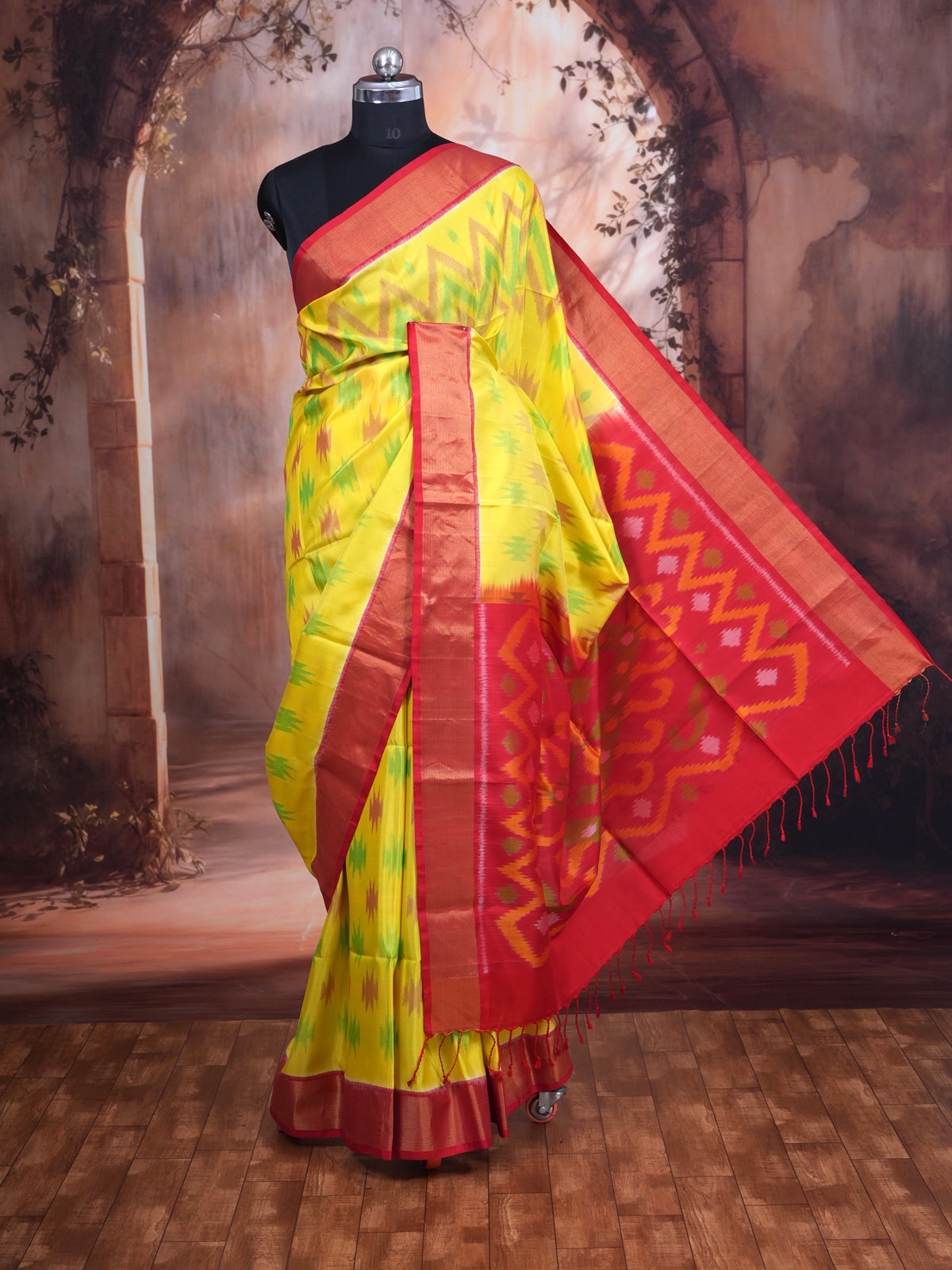 Yellow with Crimson Red - Pure Kanchipuram Silk Saree