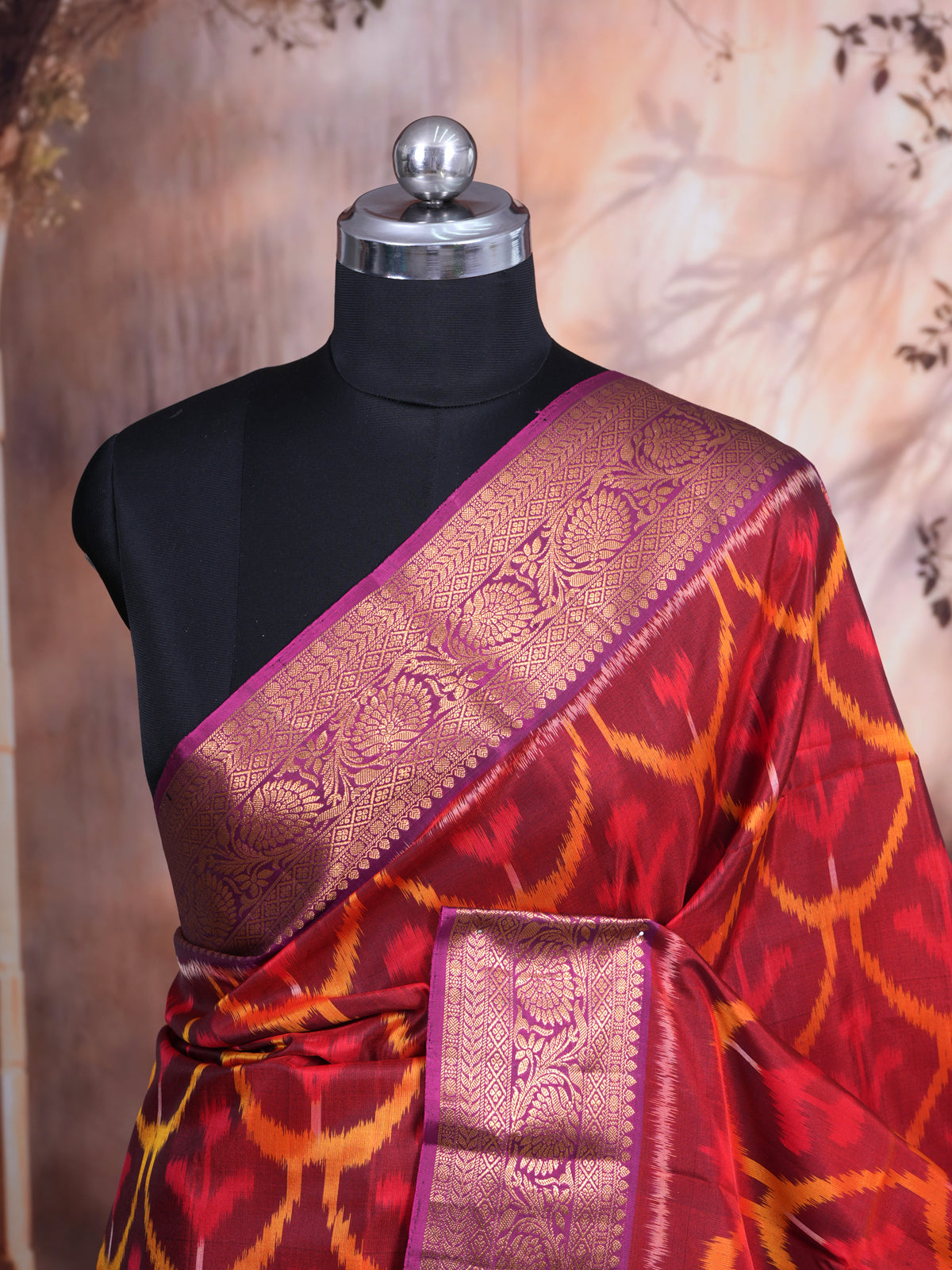 Red and Yellow Ikat with Magenta - Pure Kanchipuram Silk Saree