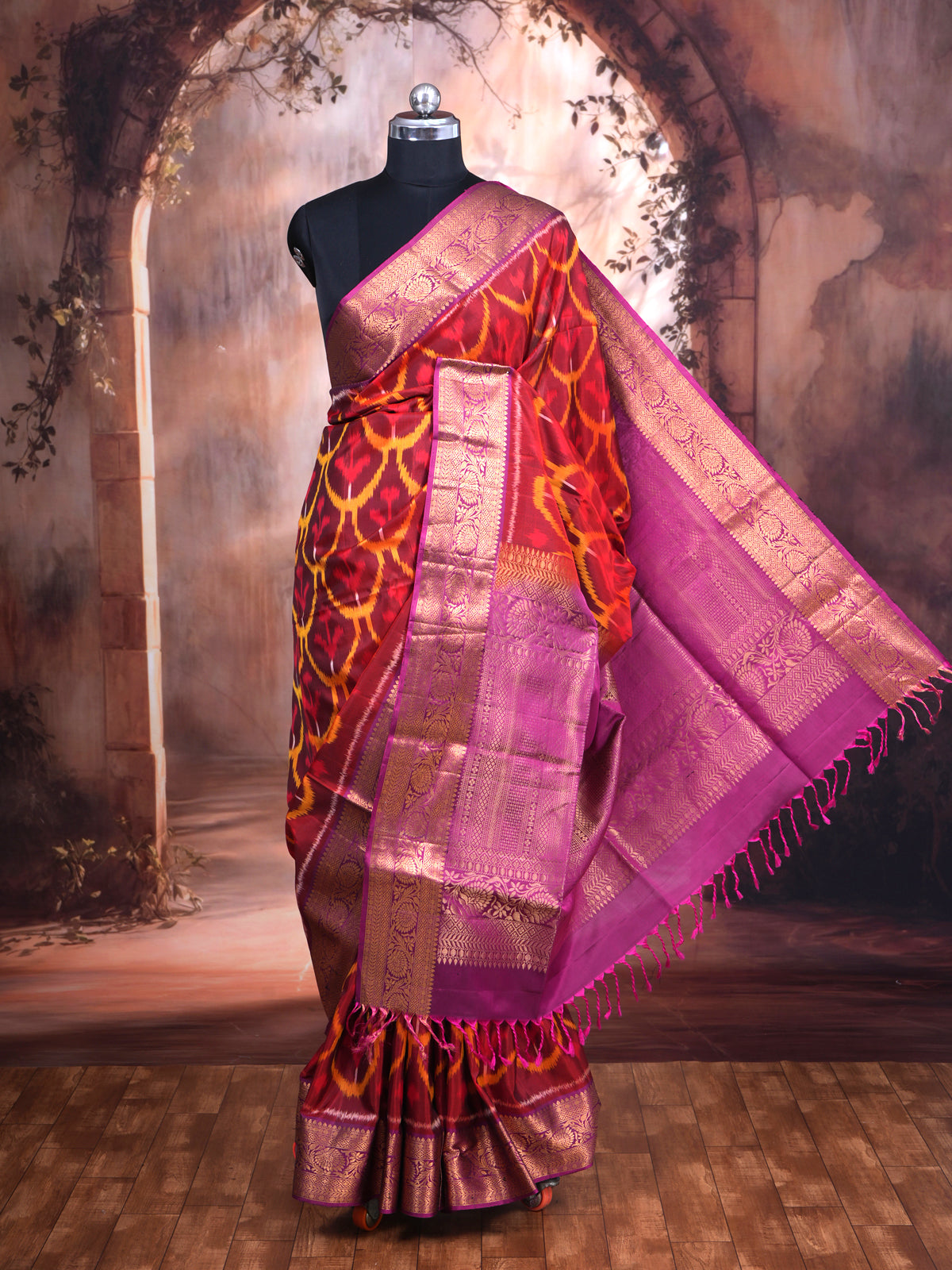 Red and Yellow Ikat with Magenta - Pure Kanchipuram Silk Saree