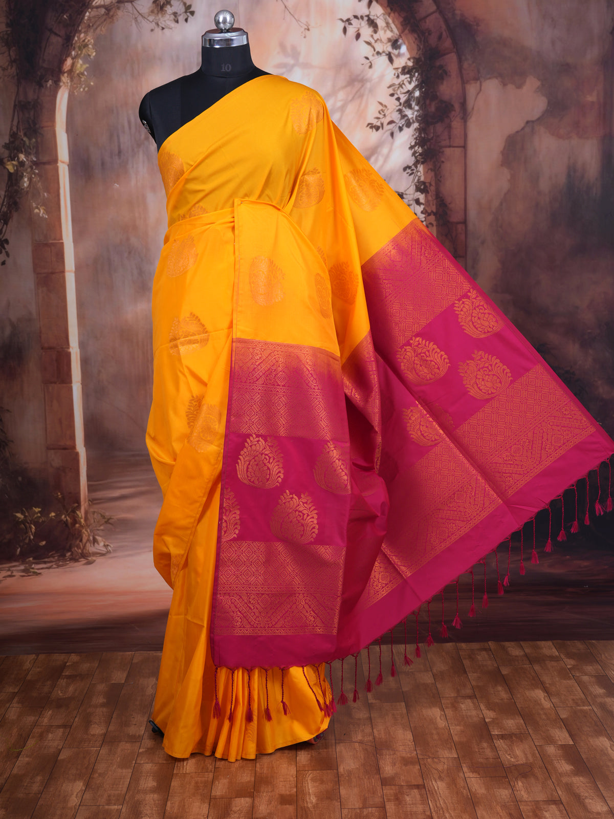 Mustard Yellow with Magenta Pink - Semi Silk Saree