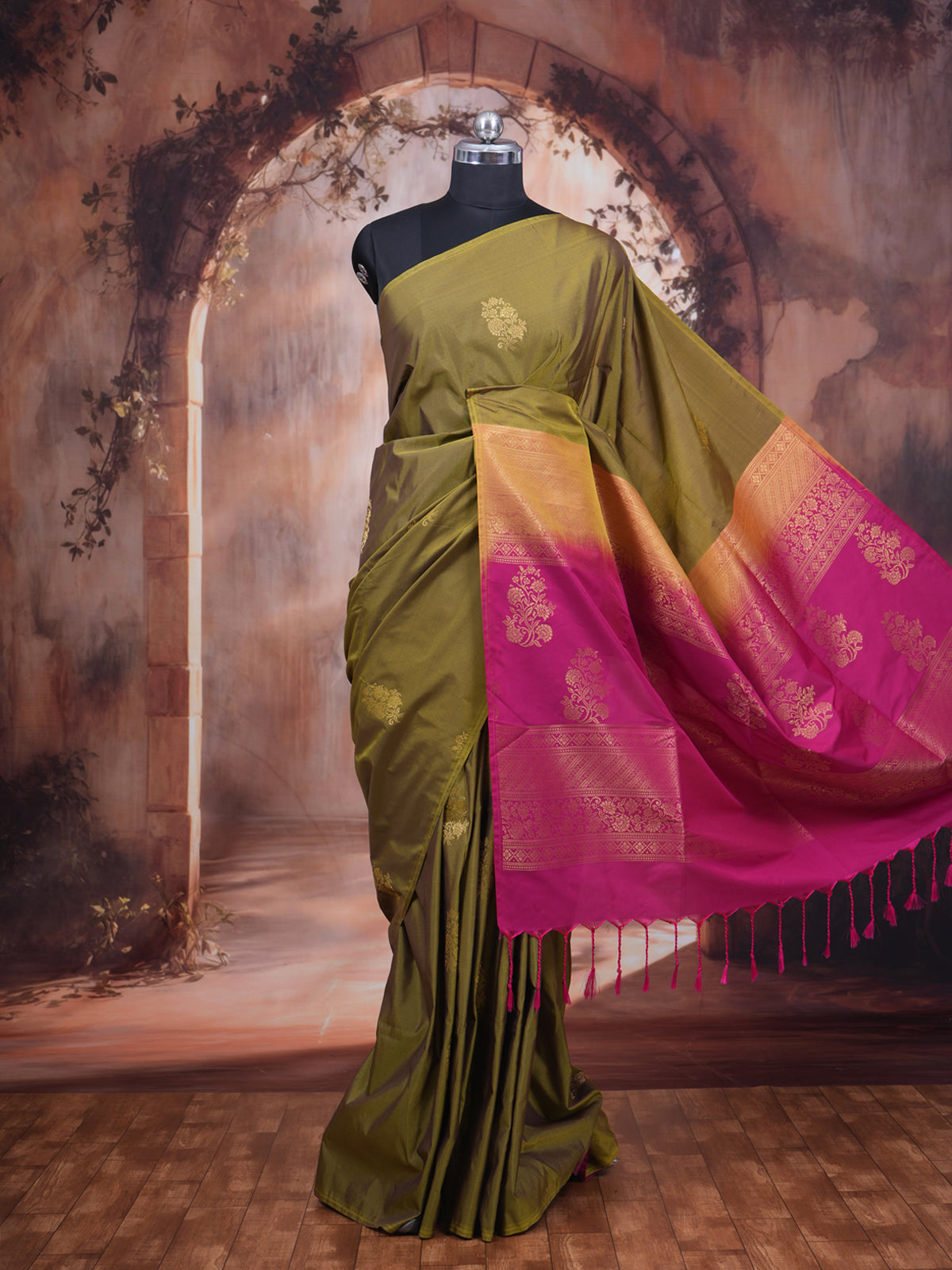 Olive Green with Rani Pink Semi Silk Saree
