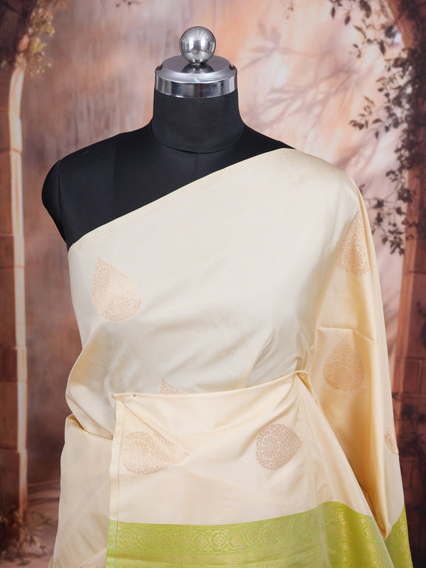 Off-White with Parrot Green  Semi Silk Saree