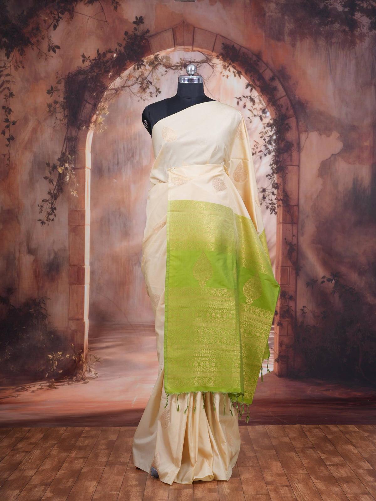 Off-White with Parrot Green  Semi Silk Saree