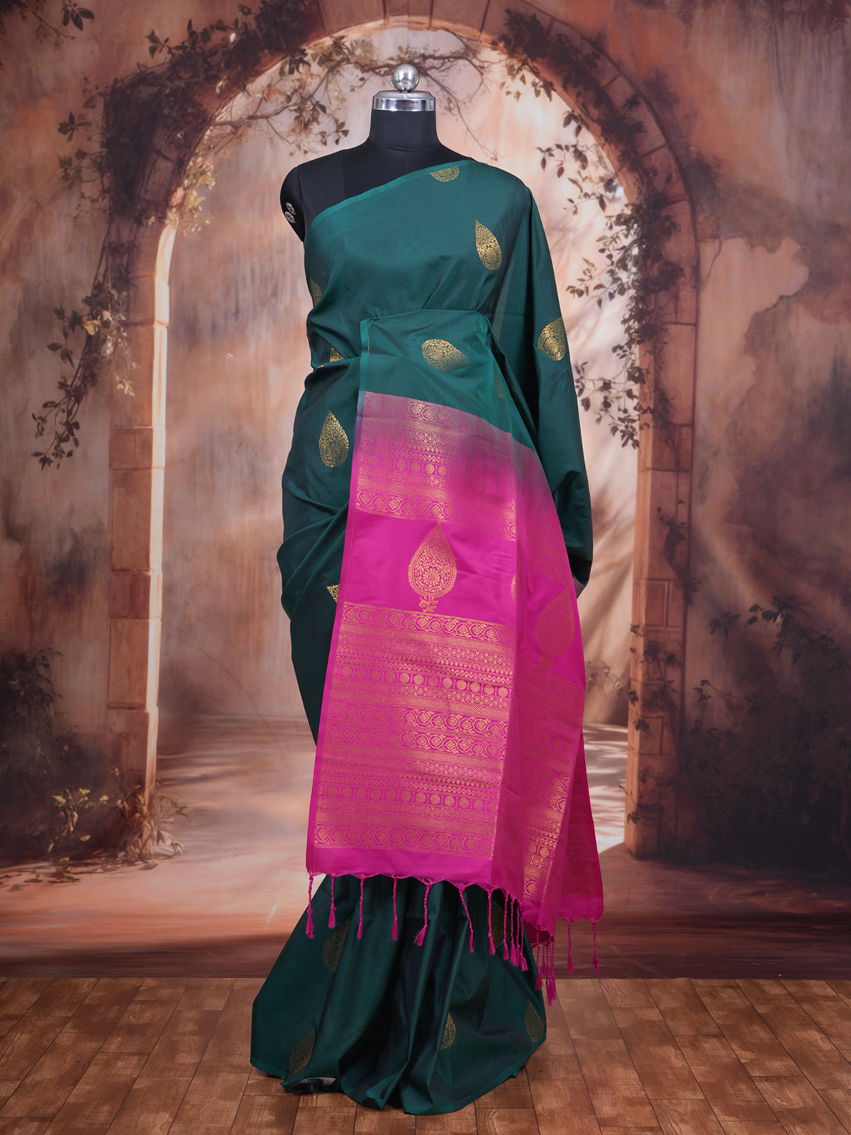 Bottle Green with Rani Pink Semi Silk Saree