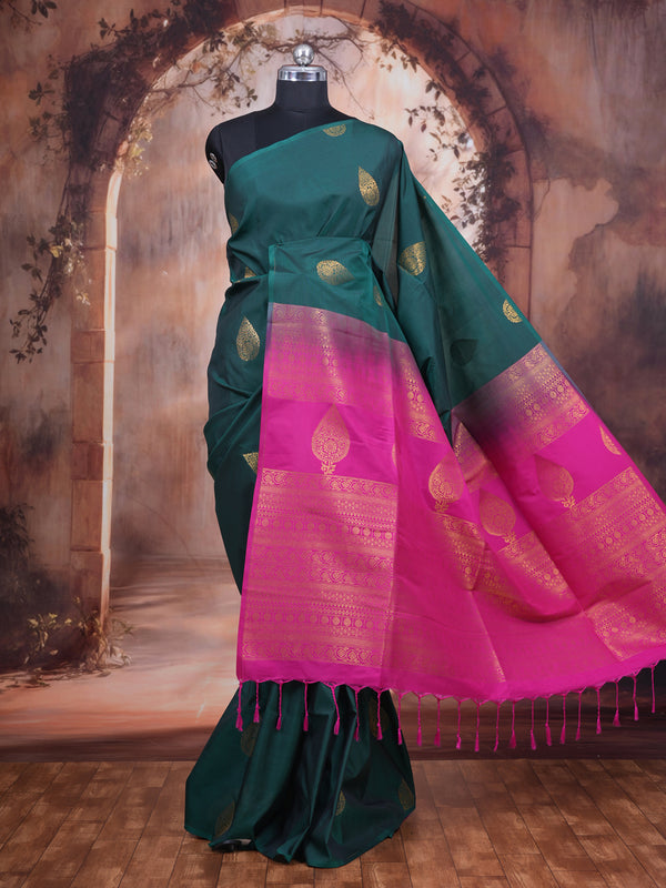 Bottle Green with Rani Pink Semi Silk Saree