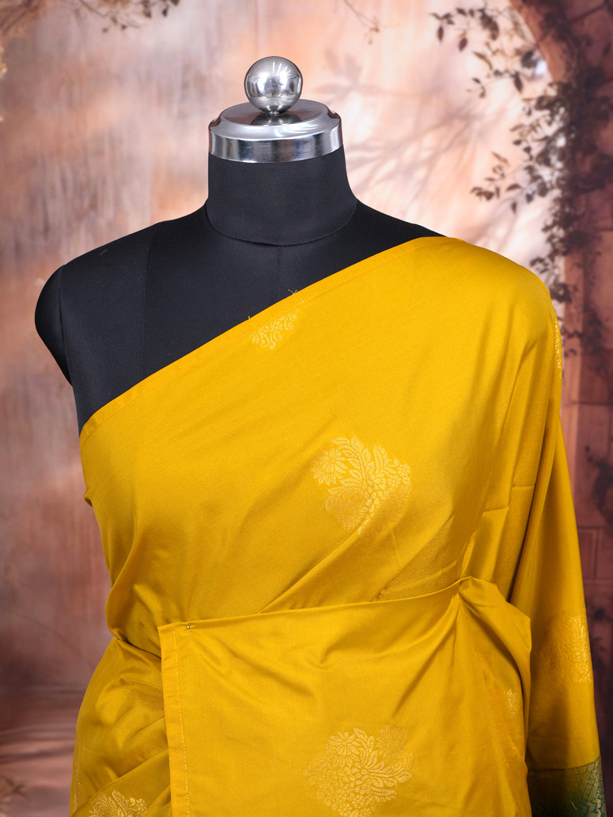Mustard Yellow with Bottle Green Semi Silk Saree