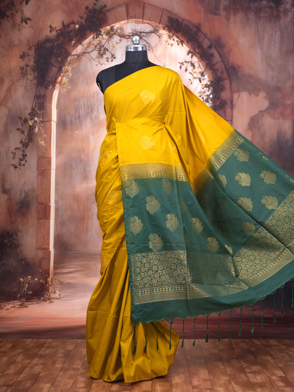 Mustard Yellow with Bottle Green Semi Silk Saree
