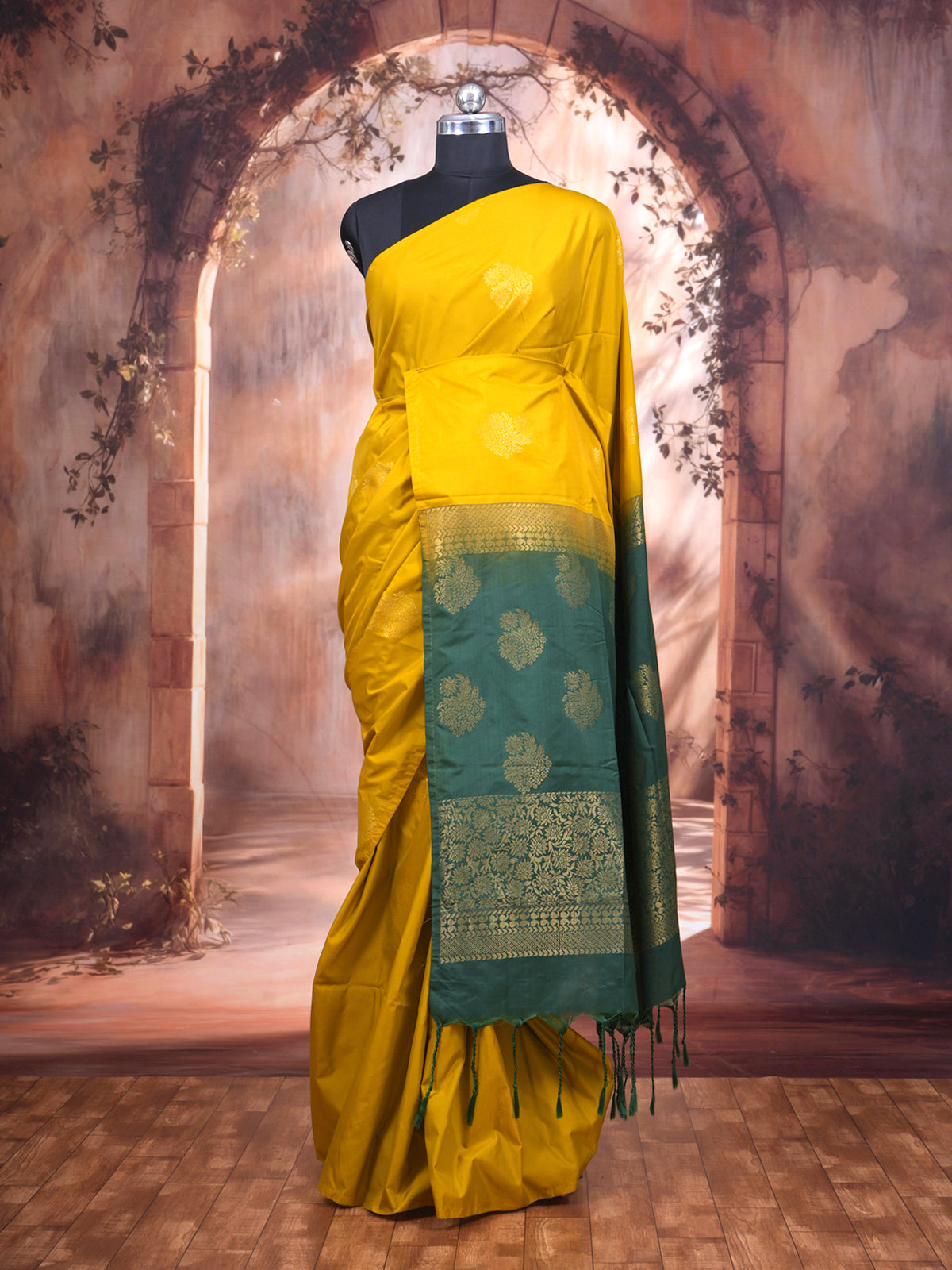 Mustard Yellow with Bottle Green Semi Silk Saree