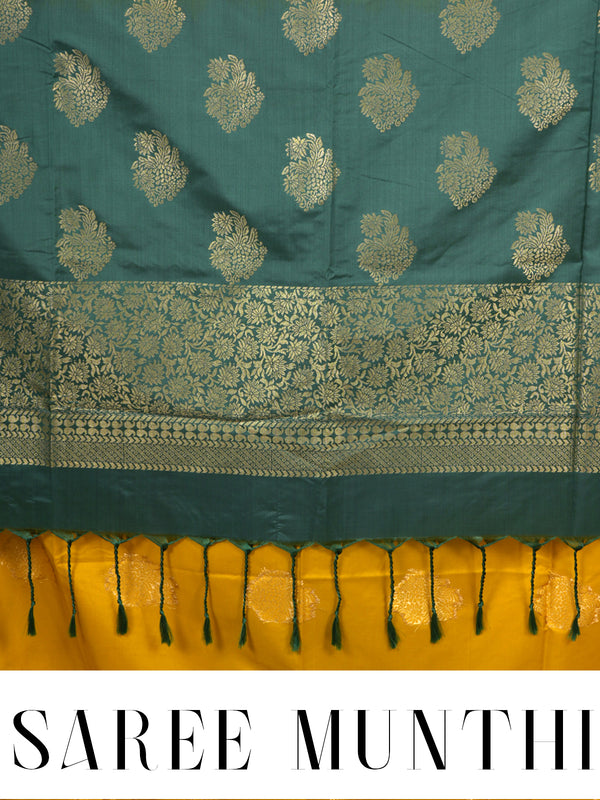 Mustard Yellow with Bottle Green Semi Silk Saree