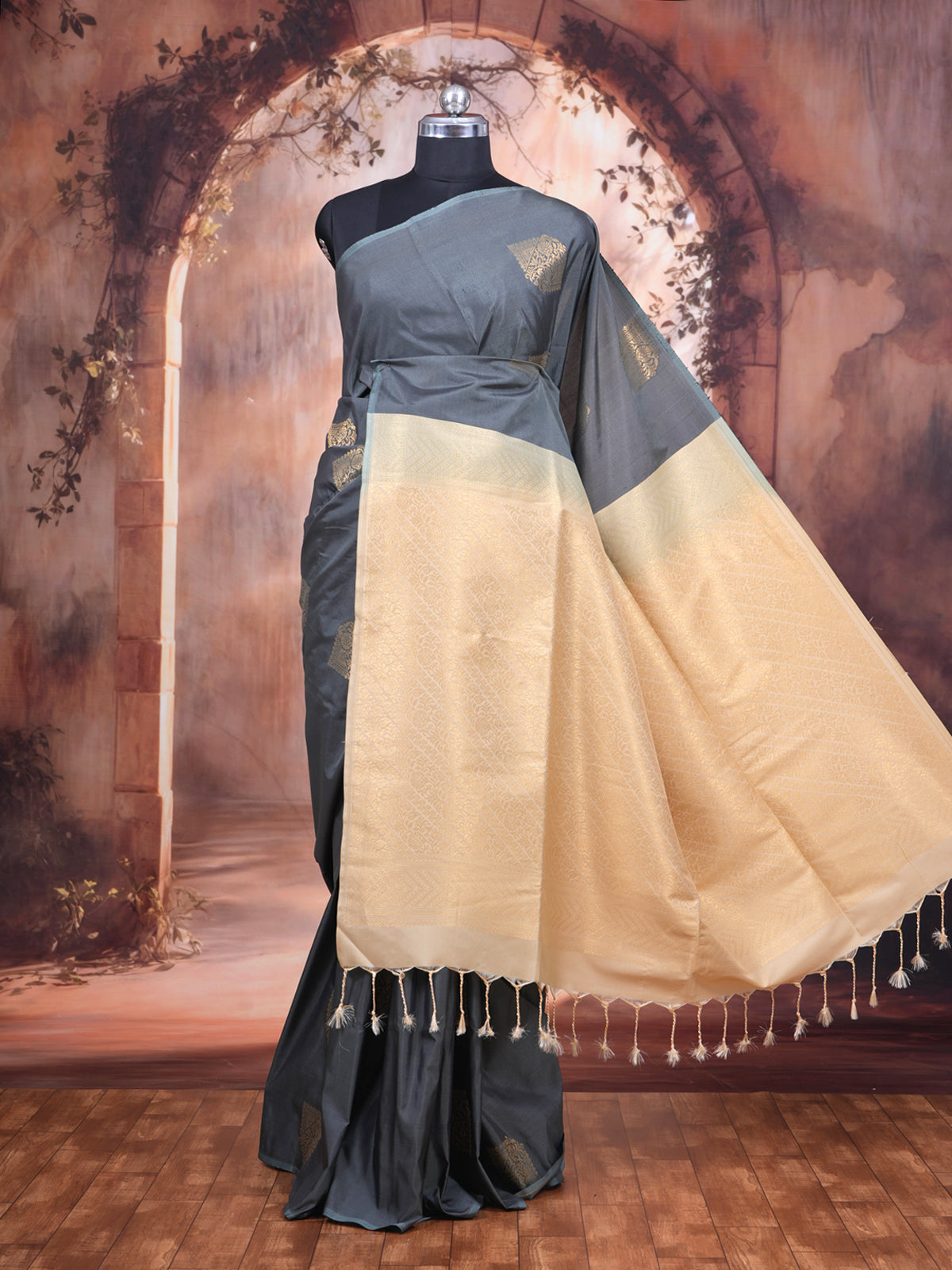 Grey with light Sandal Semi Silk Saree