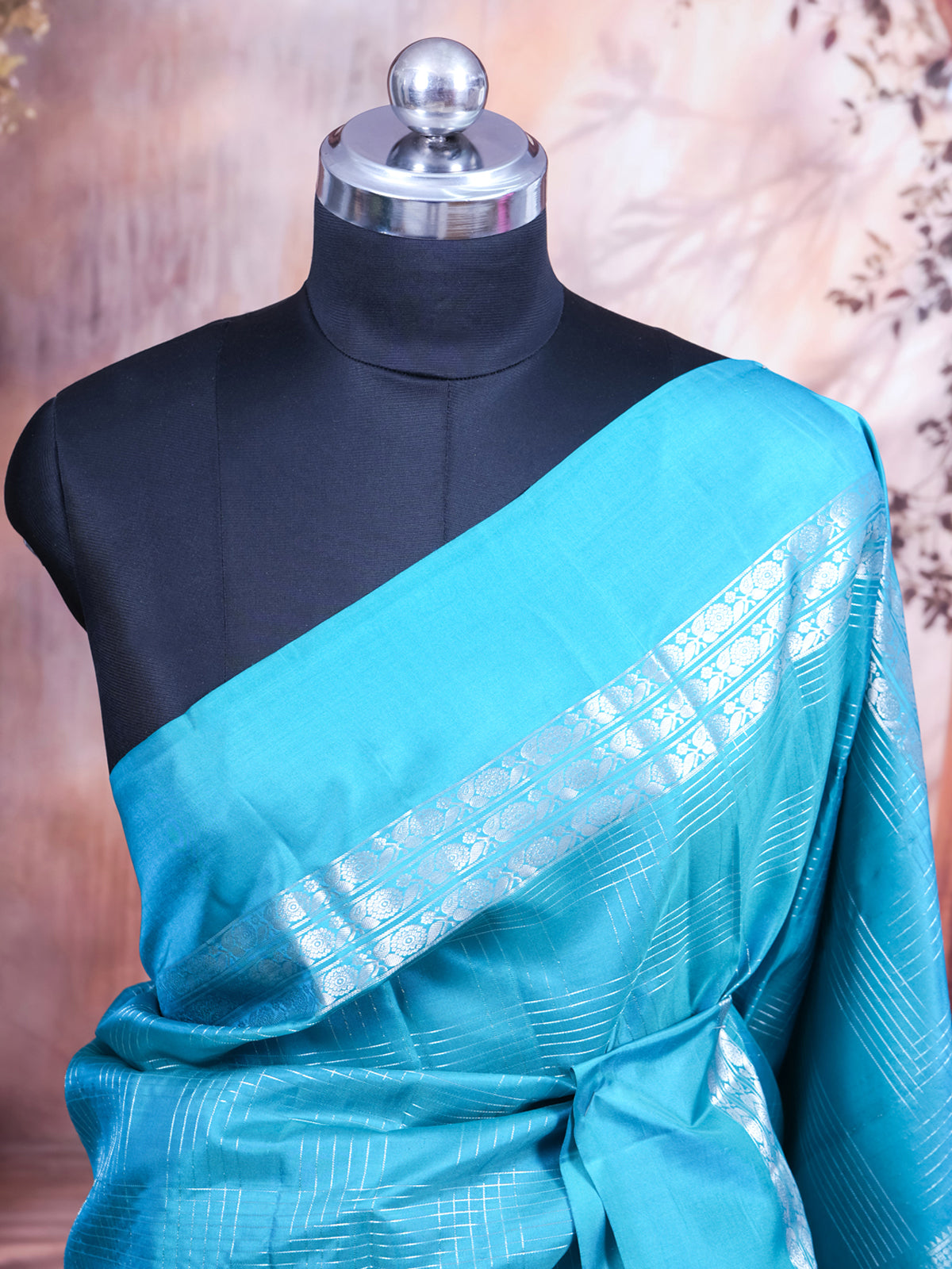 Turquoise Blue with Silver Zari kanchipuram Silk Saree