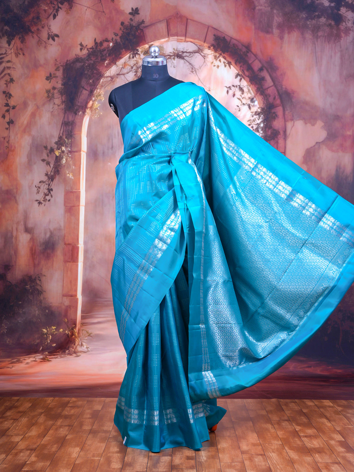 Turquoise Blue with Silver Zari kanchipuram Silk Saree