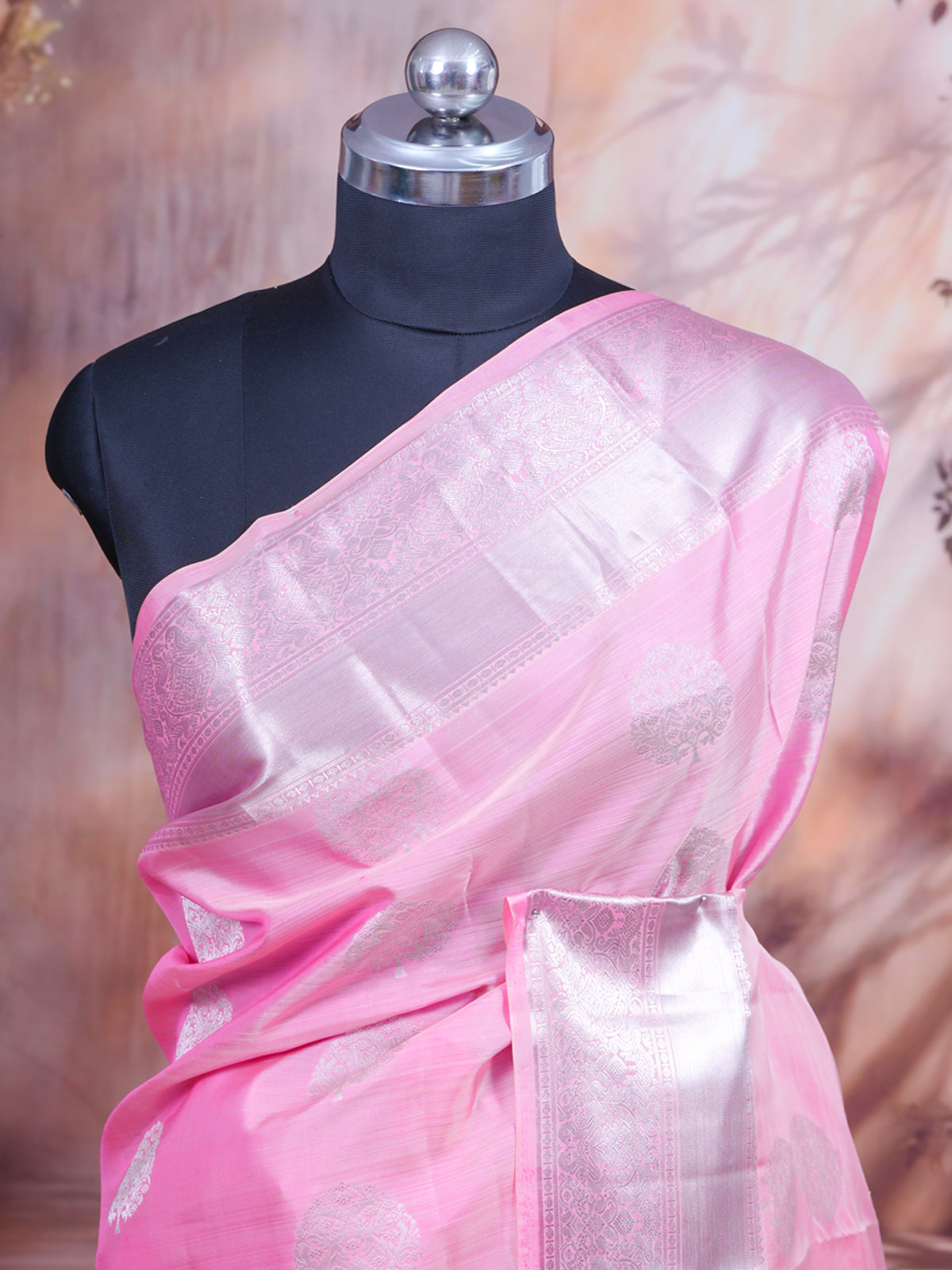 Bubblegum Pink with gray Kanjivaram Silk Saree