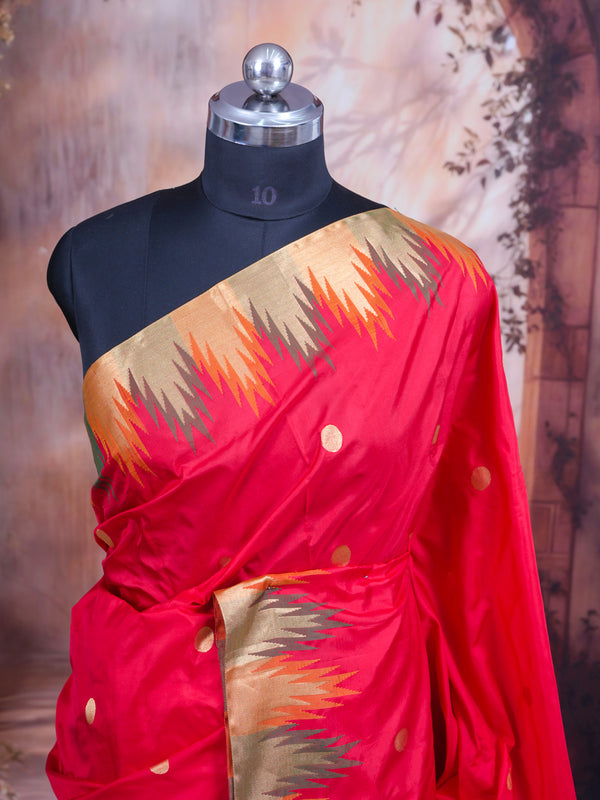 Elegant Crimson Red with antique gold Silk Saree with Temple Border