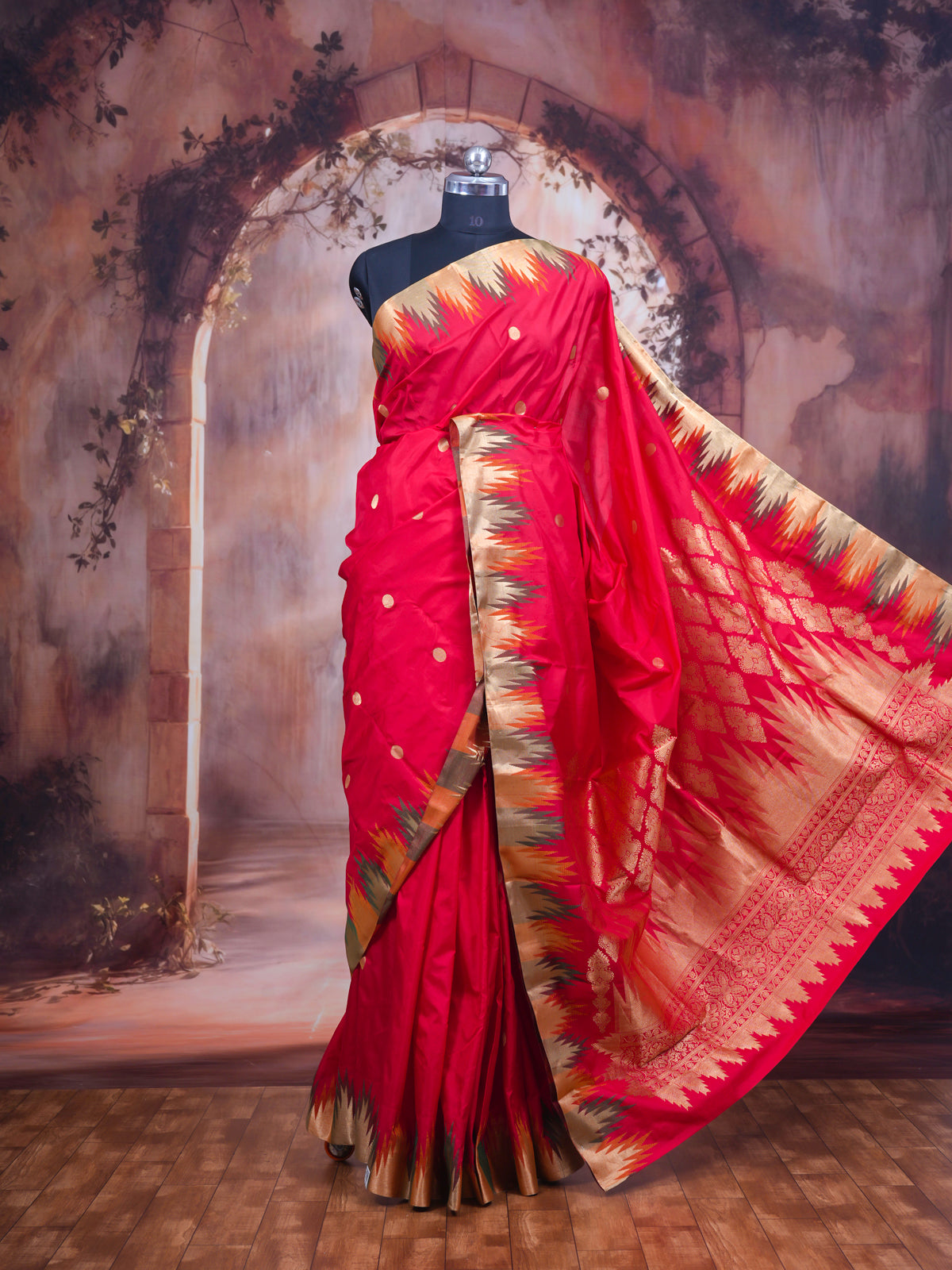 Elegant Crimson Red with antique gold Silk Saree with Temple Border