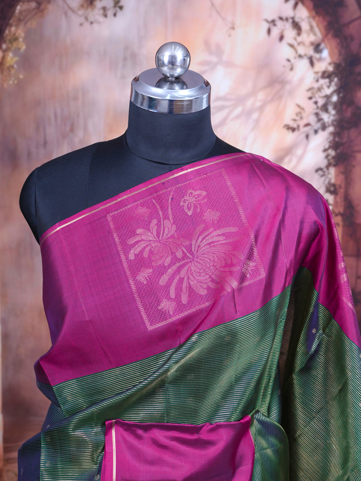 Bottle Green with Magenta Pink Kanjivaram silk saree