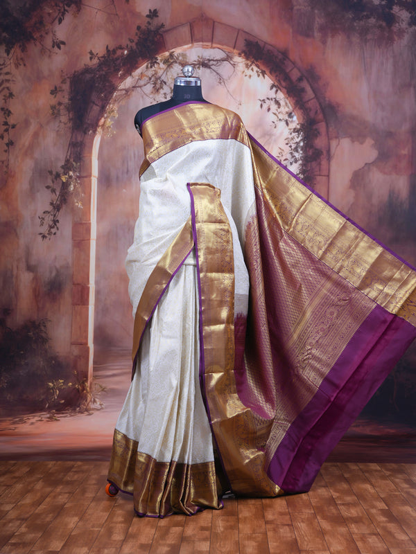 Exquisite Off-White with Magenta Kanchipuram Silk Saree