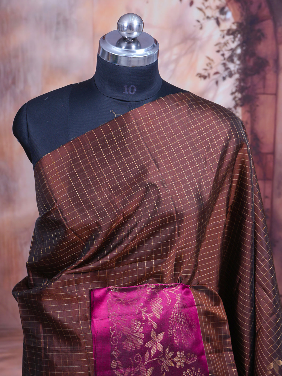 Exquisite Coffee Brown With Magenta Silk Saree with Fine Zari Checks