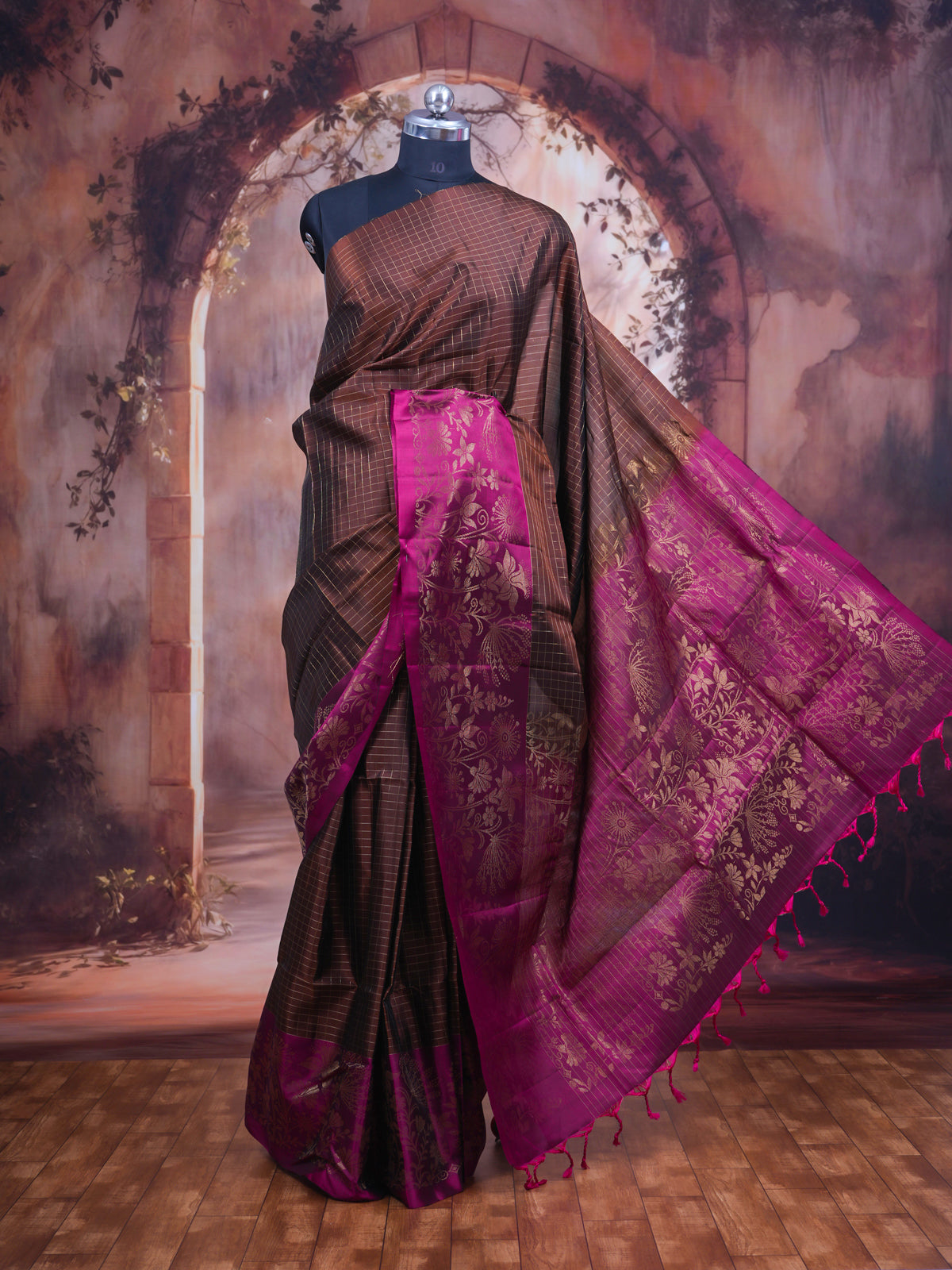 Exquisite Coffee Brown With Magenta Silk Saree with Fine Zari Checks
