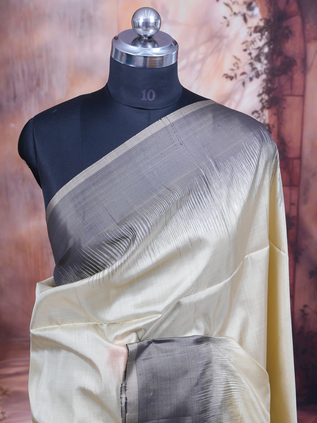 Contemporary Cream & Charcoal Grey Kanchipuram Silk Saree