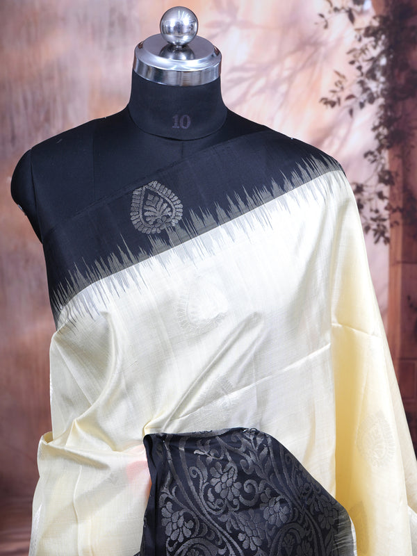 Elegant Off-White & Charcoal Black Kora Kanchipuram Silk Saree